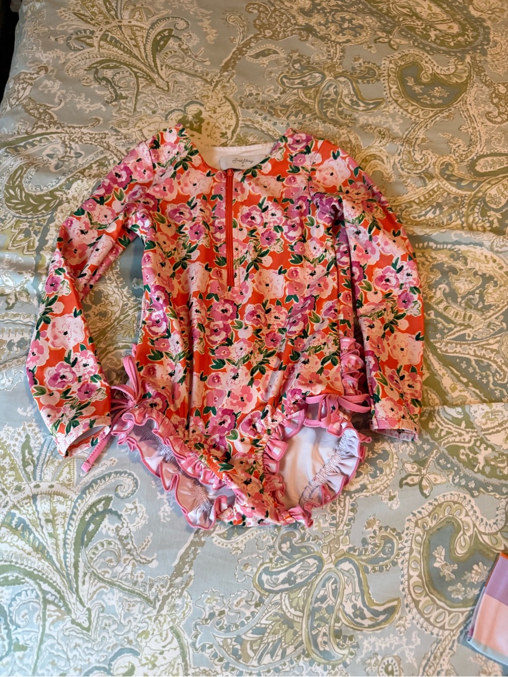 SweetHoney Orange Floral Zip-Front Girls Swimsuit with Gingham Ruffles